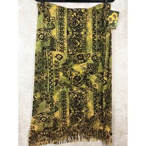 NWT VTG Mirasol Skirt Womens XL Green Abstract Tribal Print Fringe Hem Maxi Boho
